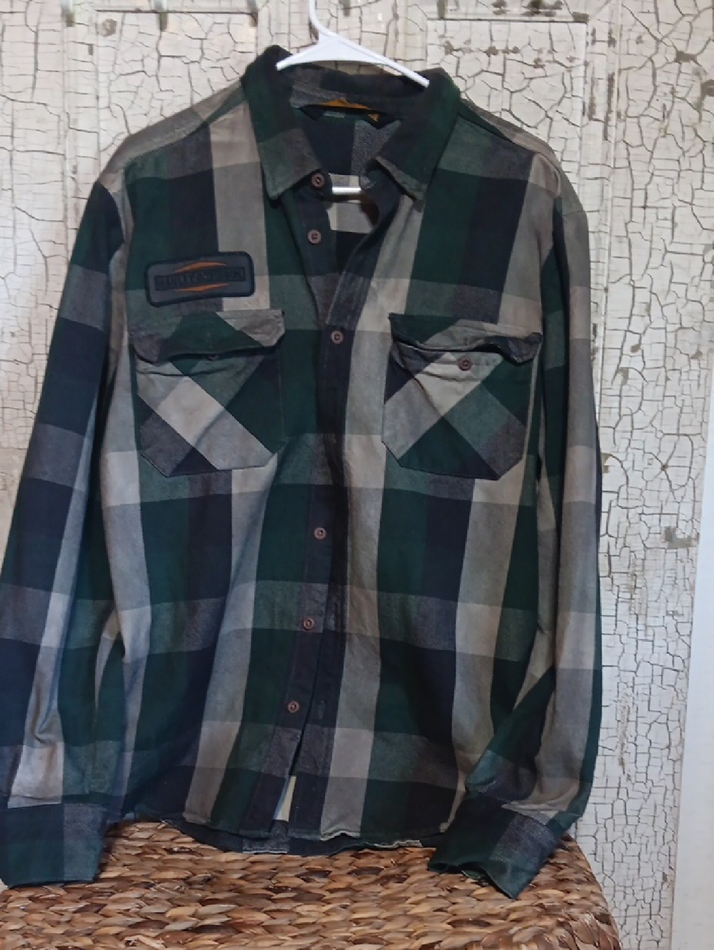 Harley-Davidson Green and Gray Plaid Flannel Button-Down